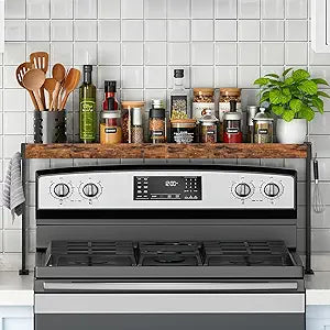 Spice Rack Shelf for Kitchen Stove, Over the Stove Shelf with 4 Level Adjustable Height, Over Stove Spice Rack with 4 Hooks, Rustic Brown + Black