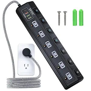 Power Strip with USBC & USBA Ports, 6 AC Outlets, Wall Mount