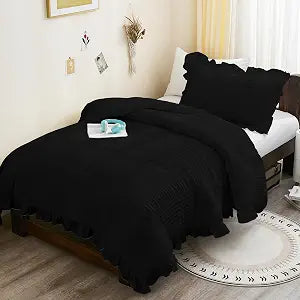 WONGS BEDDING Comforter Full Size, Black Ruffle Comforter for Dorm Room Essentials for Full Bed, Soft Seersucker Textured Bedding Set Full Size Comforter Sets for Girls 90"78"