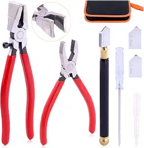3Pcs Premium Glass Running Breaking Pliers and Class Cutter Kit, Heavy Duty Glass Cutting Tool with Rubber Tip, Work Great for Stained Glass, Mosaics, Fusing, Breaking