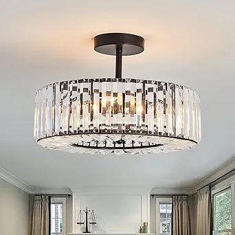 Piepooye 4 Lights Modern Crystal Chandelier Black Round Semi Flush Mount Ceiling Light Fixture Farmhouse Chandelier for Dinning Room Living Room Bedroom Hallway Entryway Kitchen