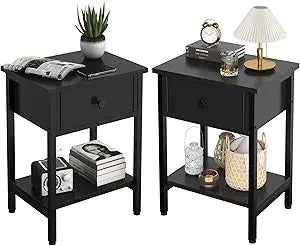 Nightstands Set of 2 with Drawers, Bedside Table Set of 2 with Storage Shelf, Heavy Duty End Side Table for Living Room Bedroom Small Space Sofa Couch, Wood Metal Night Stand, Easy to Assemble, Black