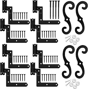 Moxweyeni Steel Blind Shutter Hinges 1-1/16" with S Holdback Hook for Exterior Shutters Window Kit Steel with Black Powder Coating Lift Off Pintle Reversible Hinges Heavy Duty Door(8 Pack (4 Pair))