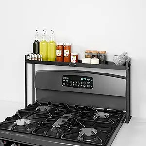 Bumusty Adjustable Stove Top Shelf  Expandable 4-Level Spice Rack and Kitchen Countertop Organizer, Anti-Slip Metal, 27"33" Length, 11"14" Height, Black