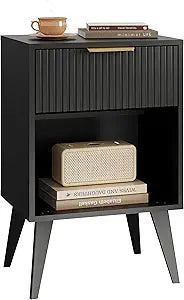 YAUKOMEL Fluted Night Stand with Opening Storage,Mid Century Bedside Table with Drawer,Black Nightstand with Wood Legs,End Table Side Table for Living Room,Bedroom,11.8" Dx15.7 Wx 25.2" H CTG56BK