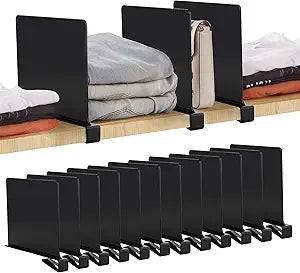 JOY DECOR 12 Pack Acrylic Matte Black Shelf Dividers for Closets Organizer and Storage Adjustable Vertical Wood Shelf Closet Separators for Clothes,Book,Bags in Bedroom and Kitchen