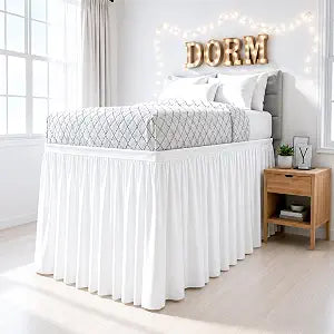 Shreem Linen Dorm Bed Skirt Twin XL 30 Inch Drop, 100% Microfiber Extra Long College Dorm Room Bedskirts Dust Ruffle with Split Corners, White