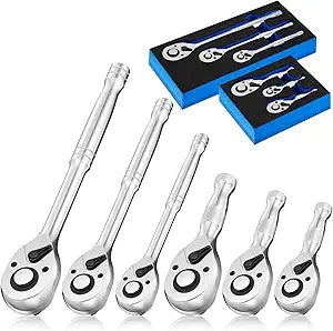 Lasnten 6 Piece Standard Ratchet Set 1/4", 3/8", 1/2", Long and Stubby Drive Tools, 72 Tooth Ratchet, Quick Release Button | Reversible Design with 5 Swing for Tight Spaces