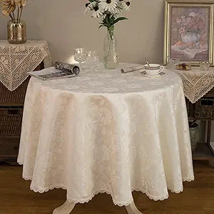 GLORY SEASON Round Tablecloth Waterproof Spillproof Lace Trim Table Cloth for Wedding Kitchen Dinning Tabletop Decoration,Table Cover for Outdoor and Indoor, 90 Inch Round, Ivory White