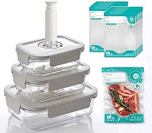 3-Piece Rectangle Glass Vacuum Food Storage Containers Set with Hand Pump & 10 Sealer Bags, Borosilicate Airtight Meal Prep Lids with Date Tracker, Leakproof, Freezer & Microwave Safe [21/35/50 Oz]