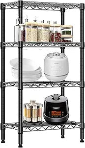 Heavy Duty Stainless Steel Kitchen Storage Rack, Adjustable Shelf Organizer with Non-Slip Mats, Black, for Cabinets, Countertops, Pantries (4-Tier Rack)
