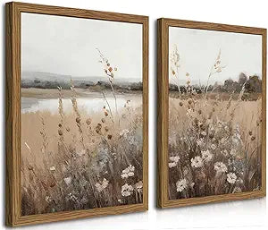 Wood Frame Vintage Wall Art Set of 2, Retro Farmhouse Wildflower Wall Decor Paintings Art Pictures, Country Floral Field Landscape Canvas Posters Prints for Bedroom Bathroom 12x16In Framed