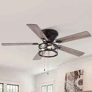52 inch Flush Mount Ceiling Fan with Light Pull Chain, 5 Reversible Blades, Farmhouse Low Profile Crystal Lighting Ceiling Fan Chandelier for Bedroom Living Room