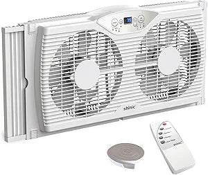 shinic Twin Window Fan with Reversible Airflow, Window Fan with Thermostat and LED Display, 3 Speeds, Remote Control and Foam Sealing Tape Offered, 23.8" - 37" Expandable Width for Home Kitchen Use