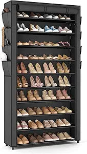 VTRIN Tall Shoe Rack with Cover, 10 Tier Shoe Organizer Storage for 50-55 Pairs Shoes and Boots Large Capacity Shoe Shelf with 8 Pockets Free Standing Shoe Rack for Closet, Entryway, Garage