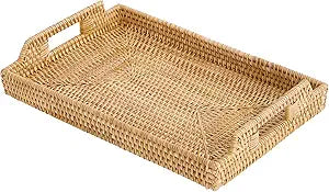 Rattan Rectangular Serving Tray with Handles, Hand-Woven Wicker Decorative Tray for Coffee Table,Vintage Boho Style Decor for Dining, Kitchen, Bathroom, Outdoor(17"x11.4"x1.9")