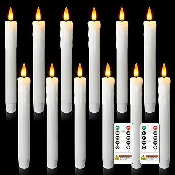 7 Inches Dripless Flameless Taper Candles with Remote Timer Dimmer, Real Wax Battery Candlesticks, 3D Flame Fake Candlesticks for Home Wedding Christmas Decor, White, 12 Pcs