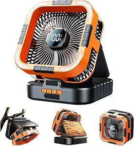 KIMMOO Solar Camping Fan with Light-10000mAh Rechargeable Portable, 6 Speeds, Digital Display, Timer, 120┬░ Oscillation, Cordless Battery Powered Fan for Home Outdoor Tent Travel BBQ Fishing (Orange)