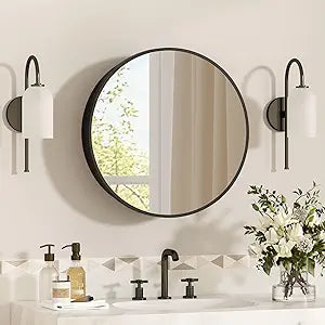 20 x 20 Inch Round Medicine Cabinet Mirror Black,Circular Bathroom Mirror with Storage Wall Mounted,Metal Framed Medicine Cabinets with Tempered Glass Adjustable Shelves for Bathroom Vanity