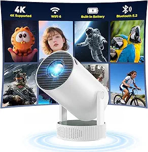 Mini Projector with WiFi and Bluetooth, Built-in Rechargeable Battery, 4K Support Wireless Outdoor Movie Projector, Auto Keystone, 220 Rotation, Compatible with Phone/TV Stick/HDMI/USB for Bedroom