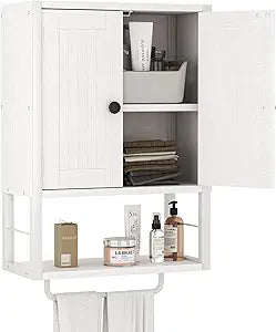Homeiju Rustic Wall Mounted Medicine Cabinet, White Wood Storage Cabinet with Two Barn Doors, Shelf and Towel Bar for Bathroom, Living Room, Kitchen, White