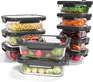 10-Pack Glass Food Storage Containers with Tempered Lids  Borosilicate, Airtight, Oven-Safe (-4F~950F), BPA-Free, 4.4 & 1.6 Cup, Leak-Proof, Dishwasher Safe (Gray)