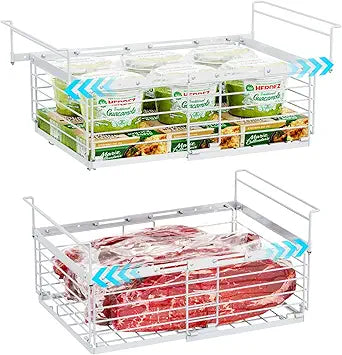 iSPECLE Freezer Organizer Bins for 10 to 20 Cu.Ft, 2 Pack Expandable Hanging Baskets Fit 17.5"-22.6" Width, Metal Wire Storage Racks for Deep Freeze, Not for Upright, White