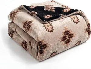 Sacred Thread Aztec Blanket Fleece, Reversible Native American Blanket, Western Throw, Native American Western (Coffee Flannel) (Full (60x80))
