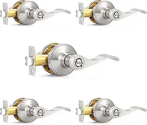 Probrico Wave Style Privacy Bed Bath Door Levers in Satin Nickel Finish, Interior Keyless Door Handles Locksets, 5 Pack