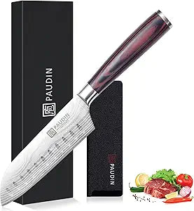 PAUDIN Santoku Knife, Chef Knife 5 inch Ultra Sharp Kitchen Knife, Japanese Chef Knife with Sheath, High Carbon Stainless Steel, Ergonomic Pakkawood Handle