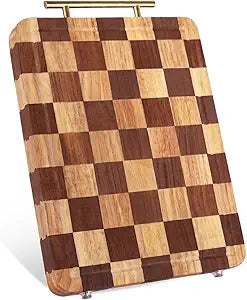 Checkered Cutting Board for Kitchen  14.9"x 11"x 1.18" Rubber Wood Butcher Block with Juice Groove & Steel Handle, Heavy Duty Non-Slip Chopping Board for Charcuterie, Housewarming Gift