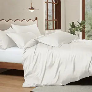 Manyshofu 5Pcs Cotton Tencel Queen Duvet Cover Eucalyptus Lyocell White Duvet Cover, Cooling Comforter Covers Luxury & Silky Bedding Set - 2 Tencel Pillow Shams(20"x26"), 2 Pillow Cases(20"x30")