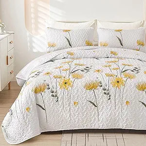 Dinjoy Floral Quilt Set Queen Size, Yellow Flower Bedspread Bedding Set