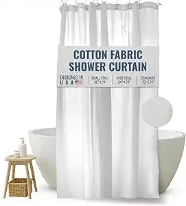 FABRIC SHOWER CURTAIN LINER 70"x74" Standard Bathtub Size, Stylish Quality Bathroom Drape, Earth Friendly Non-Toxic Odor-Free natural Cotton Liner Light-Weight Washable WHITE Shower Curtain 70x74 WC