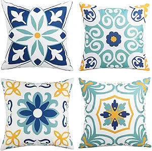 Pyonic Outdoor Waterproof Throw Pillow Covers 24x24 Inch Set of 4 Floral Printed Boho Farmhouse Outdoor Pillow Covers for Patio Funiture Garden Blue