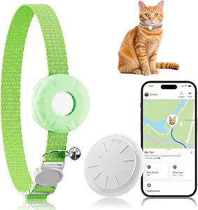 Smart Cat GPS Tracker, Cat Tracker Collar with Safety Elastic Buckle, Compatible with Apple Find My App (Only iOS), No Monthly Fee, Waterproof (White Tracker, Green Cat Collar)