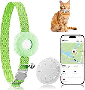 Smart Cat GPS Tracker, Cat GPS Tracker Compatible with Apple Find My App (Only iOS), No Monthly Fee, Waterproof (White Tracker, Green Cat Collar)