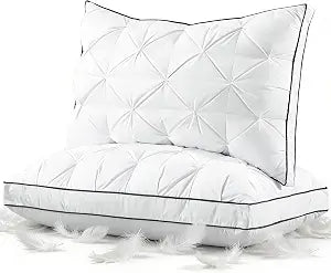 Premium Hybrid Goose Feather Down Pillows King Size Set of 2 with 100% Organic Cotton Cover, Hotel Collection Bed Pillows for Sleeping, White Fluffy Soft Gusseted Pillows (18"x34"+2" Gusset)