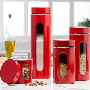 Quality Modern Red Stainless Steel Canister Set for Kitchen Counter with Glass Window & Airtight Lid - Food Storage Containers with Lids Airtight - Pantry Storage and Organization Set