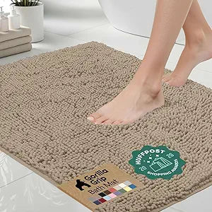 GORILLA GRIP Bath Rug Mat 36x24, Thick Absorbent Chenille, Quick Dry Microfiber Mats, Rubber Backing Washable Shower Floor Rugs, Bathmat Runner, US Designed Bathroom Home Decor Accessories Gray Beige