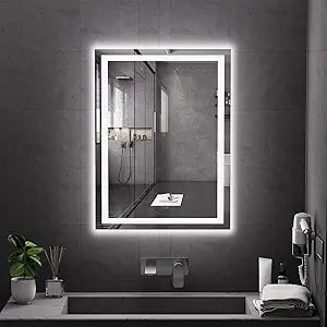 Koonmi 32x24 LED Bathroom Mirror, Backlit + Front Lit, LED Bathroom Mirror with Lights for Wall, 3 Colors, Anti-Fog, Dimmable Brightness, Memory Function, Tempered Glass