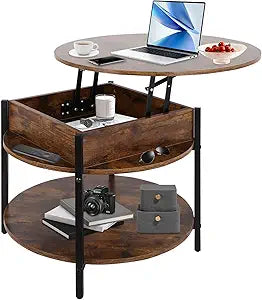 FAHKNS Round Lift Top Coffee Table with Storage & Hidden Compartment, 26.77" Two Tier Circle Table with Space-Saving Design for Living Room, Rustic Brown