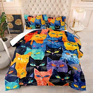 Suncloris Modern Chic Cats Oil Painting Twin Comforter Set, 3Pc Bedding