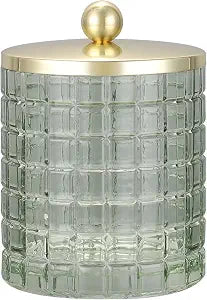 Sage Colored Tranlucent Apothecary Etched Geometric Grid Glass Jar W/Gold Metal Lid Cover for Bathroom Organization, Cotton Balls, Q Tips, and Small Accessories, Bathroom Storage
