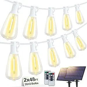 Larkvue 96FT(2x48FT) Solar Outdoor String Lights with Remote & Timer, Waterproof Dimmable Patio Lights with 30+2 ST38 LED Bulbs for Garden Deck-White