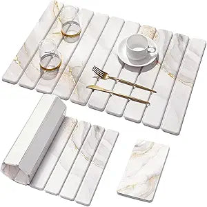 Large Stone Dish Drying Mat for Kitchen Counter,Quick Dry Stone Dishes Mats,Marbled Water Absorbing Diatomaceous Earth Drying Pad for Countertop Bottles Utensils Cups(Yellow White 24"x16"&8"x4")