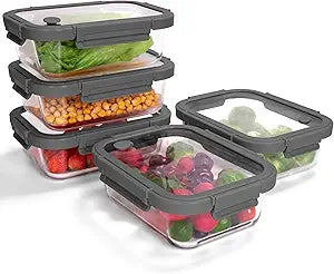 5-Pack Borosilicate Glass Containers with Tempered Lids, 35.2oz/4.4 Cup Airtight Meal Prep Set, Microwave/Freezer Safe (Gray)
