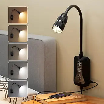 Wall Mounted Reading Light for Bed, Headboard Light with 360 Flexible Arm, Hand Wave Sensor, Focused 60 Beam, 5 Color Temperatures, Stepless Dimming, Memory Function, USB-C Output, Black 1 Pack