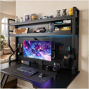 Desktop Hutch Bookshelf,Many Gifts,Metal Desktop Bookcase with pegboard, Desk Shelf, Countertop Storage Organizer Rack for Dorm or Office,Desktop Shelves (Black, 45.3" Lx9.9 Wx39 H)