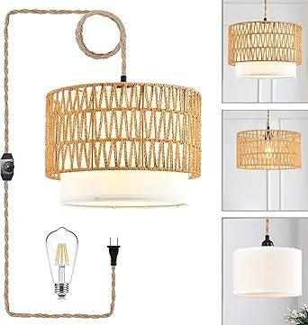 Boho Plug in Pendant Light Rattan Hanging Lights with Plug in Cord,Indoor Hanging Lamp with Dimmer Switch,Wicker Bamboo Woven LampShade Hanging Lamp Plug in for Bedroom Living Room Kitchen Island